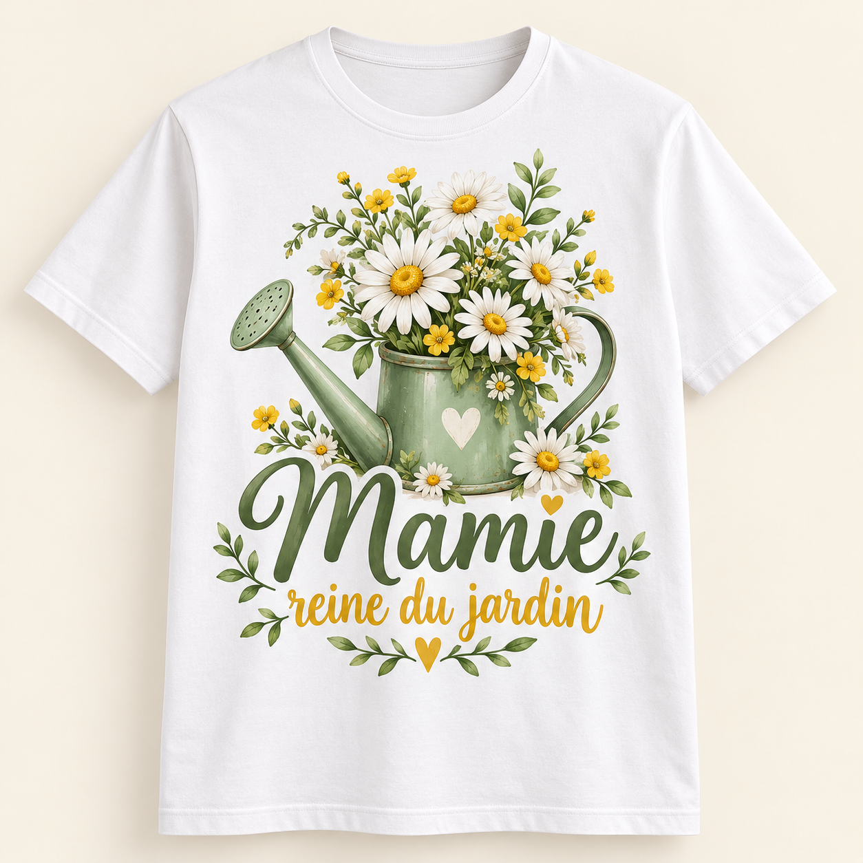 T-shirt Mamie reine du jardin — motif présenté sur t-shirt blanc