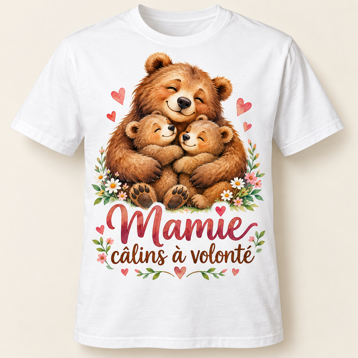 T-shirt Mamie câlins à volonté — motif présenté sur t-shirt blanc