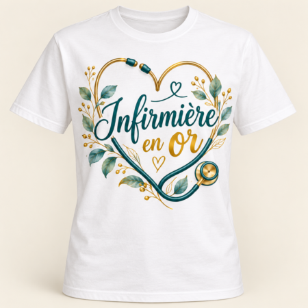 T-shirt Infirmière en or — motif présenté sur t-shirt blanc