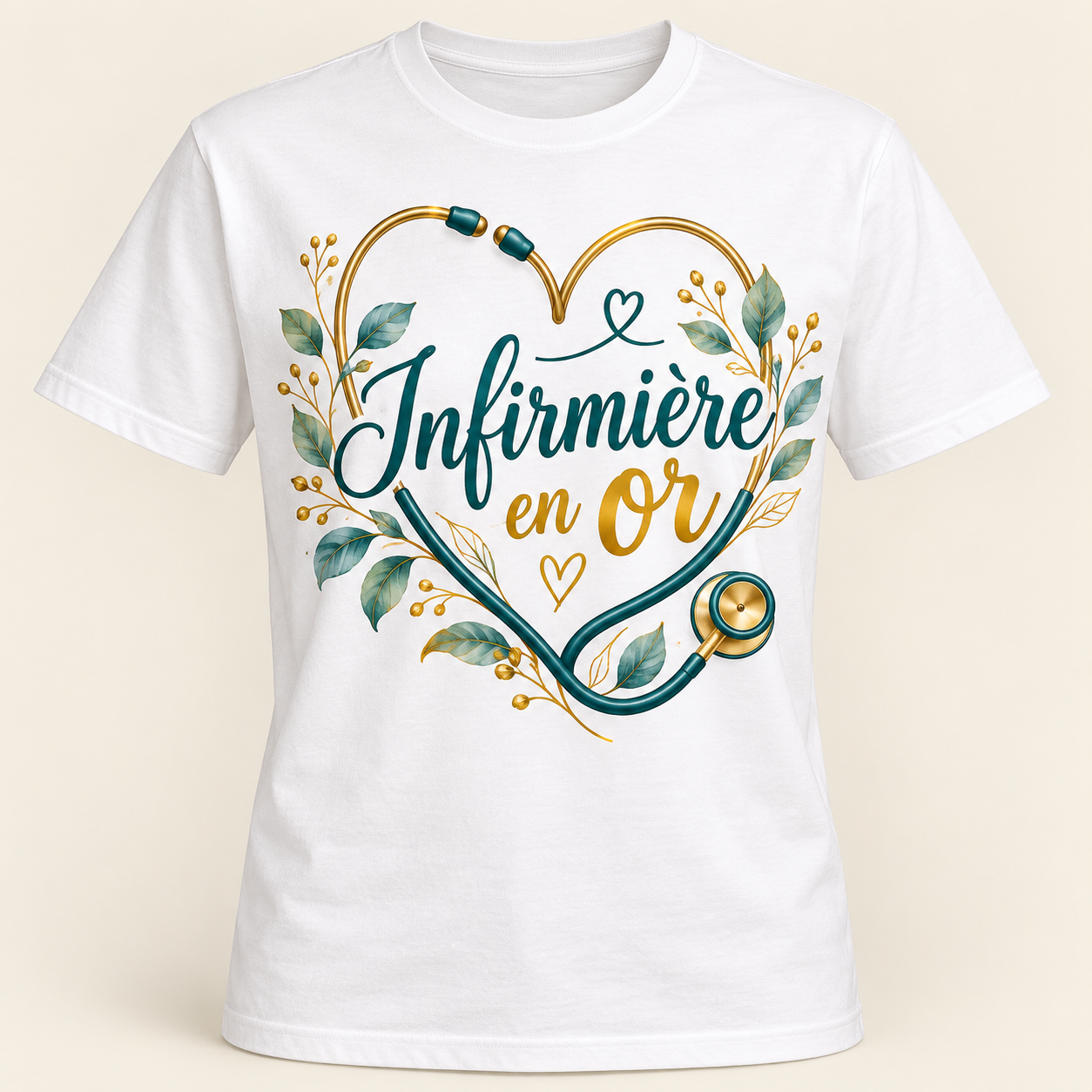 T-shirt Infirmière en or — motif présenté sur t-shirt blanc