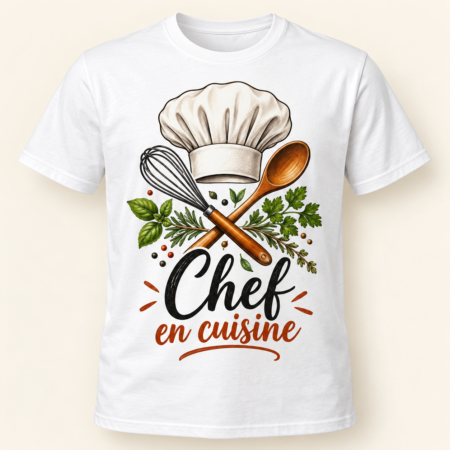 T-shirt Chef en cuisine — motif présenté sur t-shirt blanc