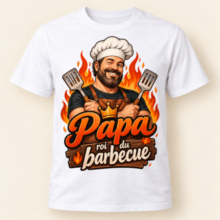 T-shirt Papa roi du barbecue — motif présenté sur t-shirt blanc