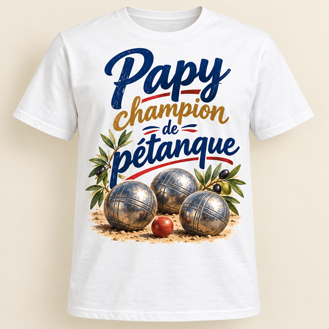 T-shirt Papy champion de pétanque — motif présenté sur t-shirt blanc