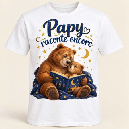 T-shirt Papy raconte encore — motif présenté sur t-shirt blanc
