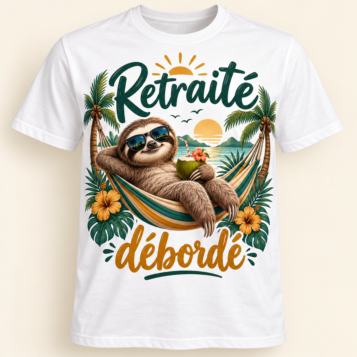 T-shirt Retraité débordé — motif présenté sur t-shirt blanc