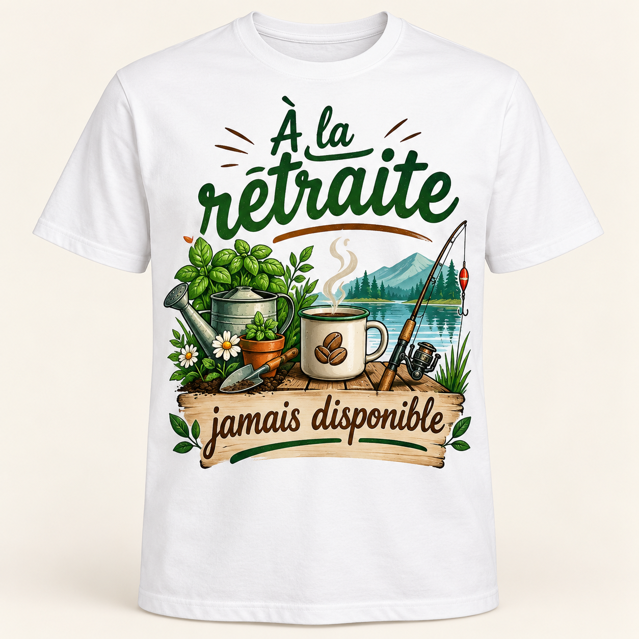 T-shirt À la retraite jamais disponible — motif présenté sur t-shirt blanc